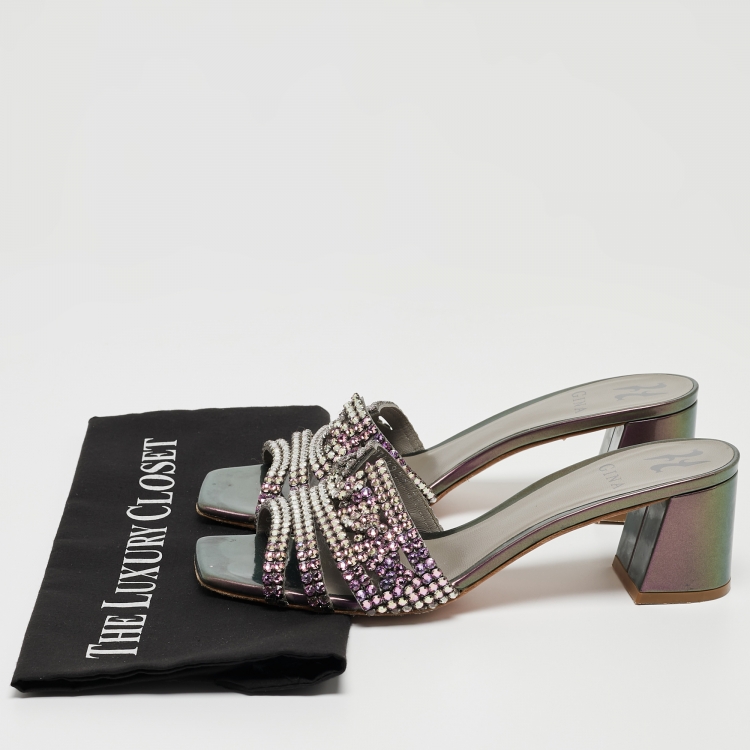 Pre Owned Gina Purple  Leather Embellished Slide Sandals Size 39