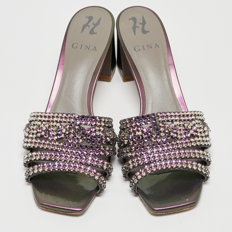 Pre Owned Gina Purple  Leather Embellished Slide Sandals Size 39