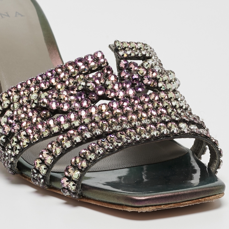 Pre Owned Gina Purple  Leather Embellished Slide Sandals Size 39