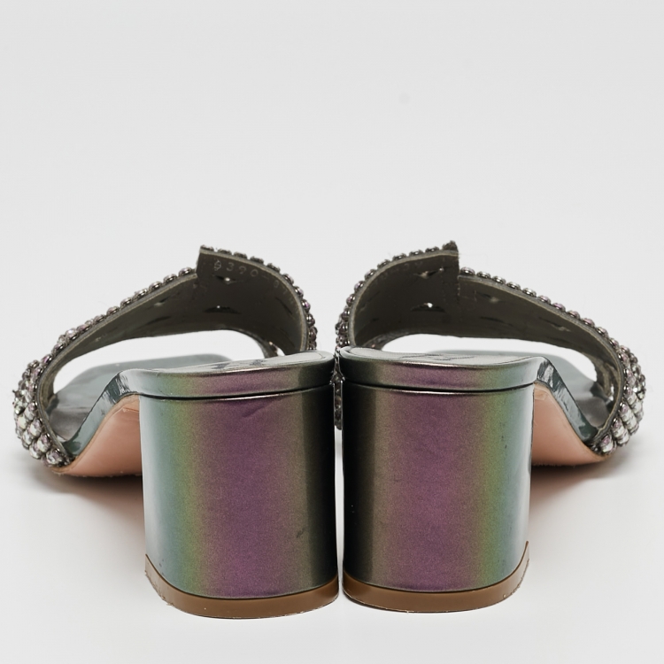 Pre Owned Gina Purple  Leather Embellished Slide Sandals Size 39