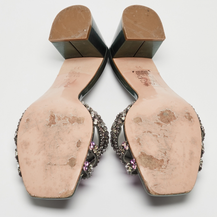 Pre Owned Gina Purple  Leather Embellished Slide Sandals Size 39