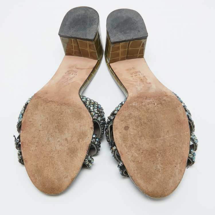 Pre Owned Gina Olive Green Crystal Embellished Leather Slide Sandals Size 38