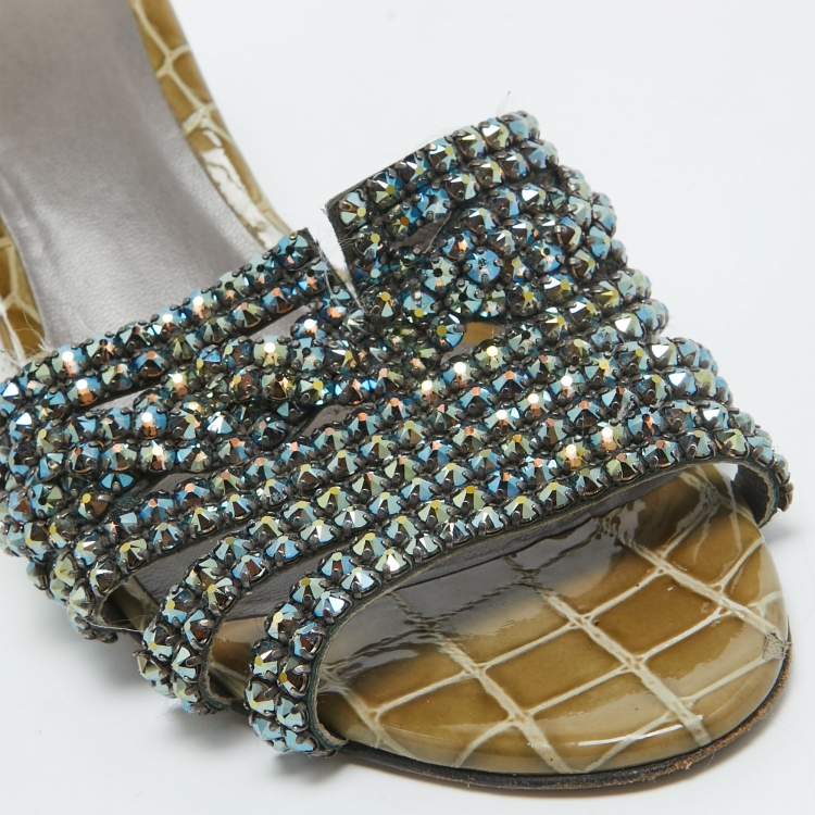 Pre Owned Gina Olive Green Crystal Embellished Leather Slide Sandals Size 38