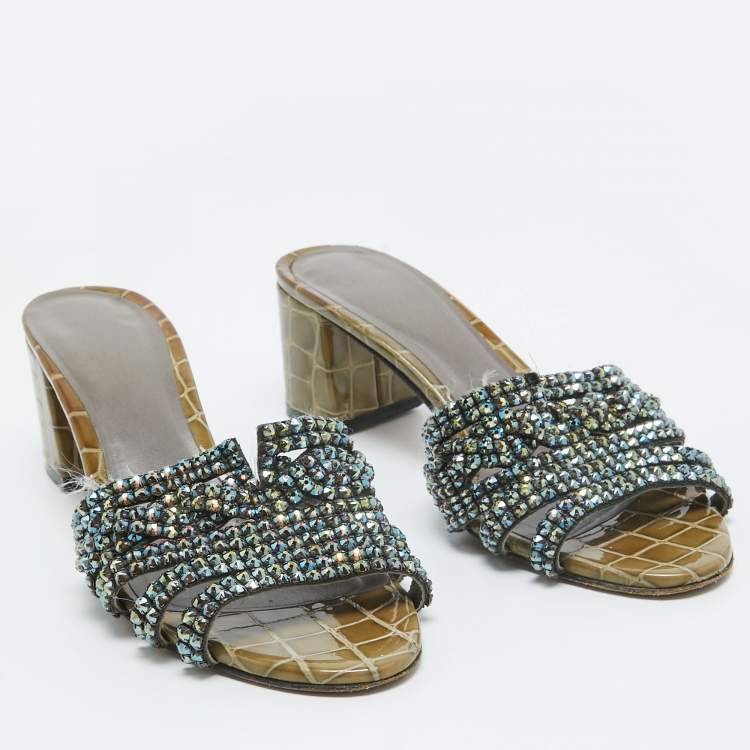 Pre Owned Gina Olive Green Crystal Embellished Leather Slide Sandals Size 38