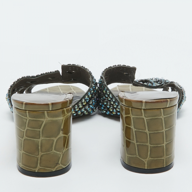 Pre Owned Gina Olive Green Crystal Embellished Leather Slide Sandals Size 38