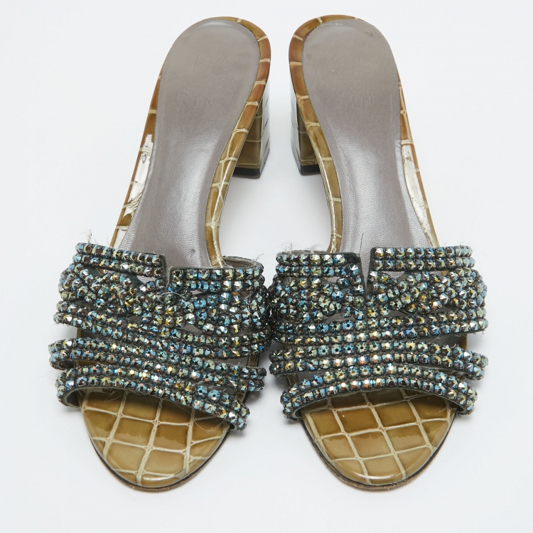 Pre Owned Gina Olive Green Crystal Embellished Leather Slide Sandals Size 38