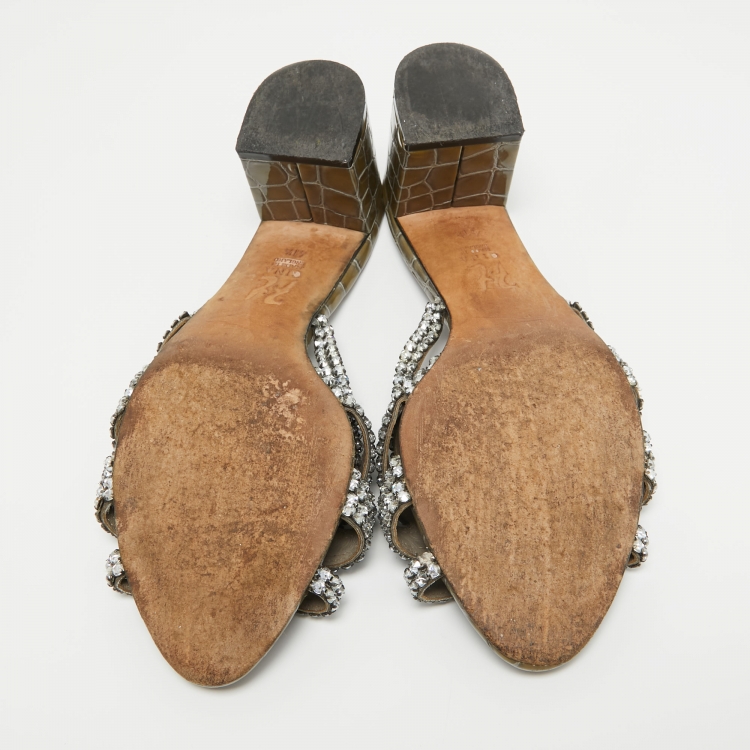 Pre Owned Gina Light Green Croc Embossed Leather Crystal Embellished Slide Sandals Size 41.5