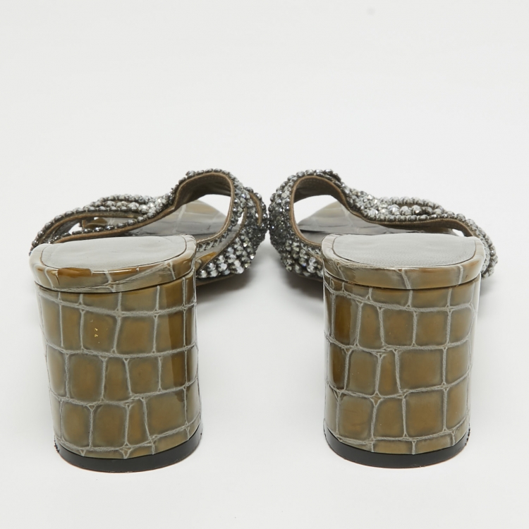 Pre Owned Gina Light Green Croc Embossed Leather Crystal Embellished Slide Sandals Size 41.5