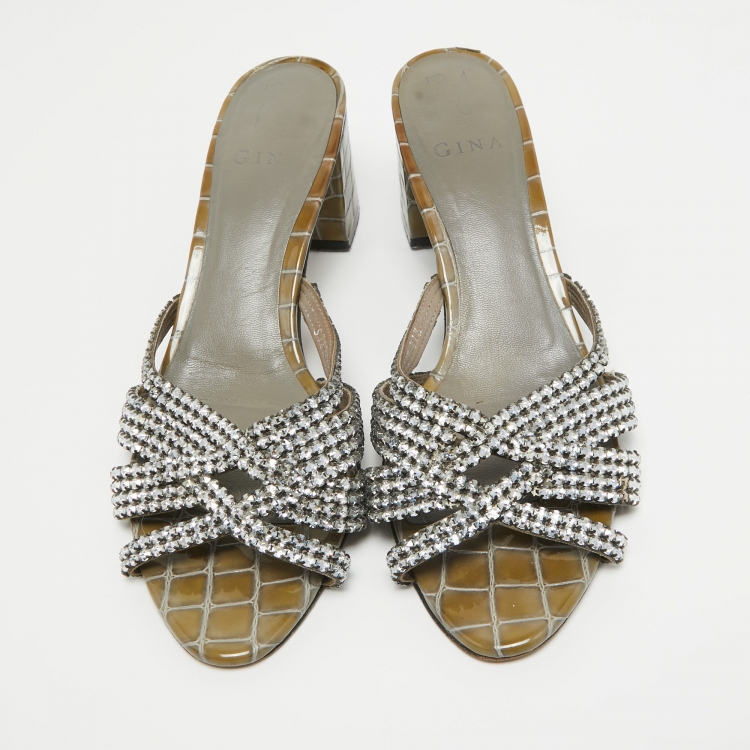 Pre Owned Gina Light Green Croc Embossed Leather Crystal Embellished Slide Sandals Size 41.5