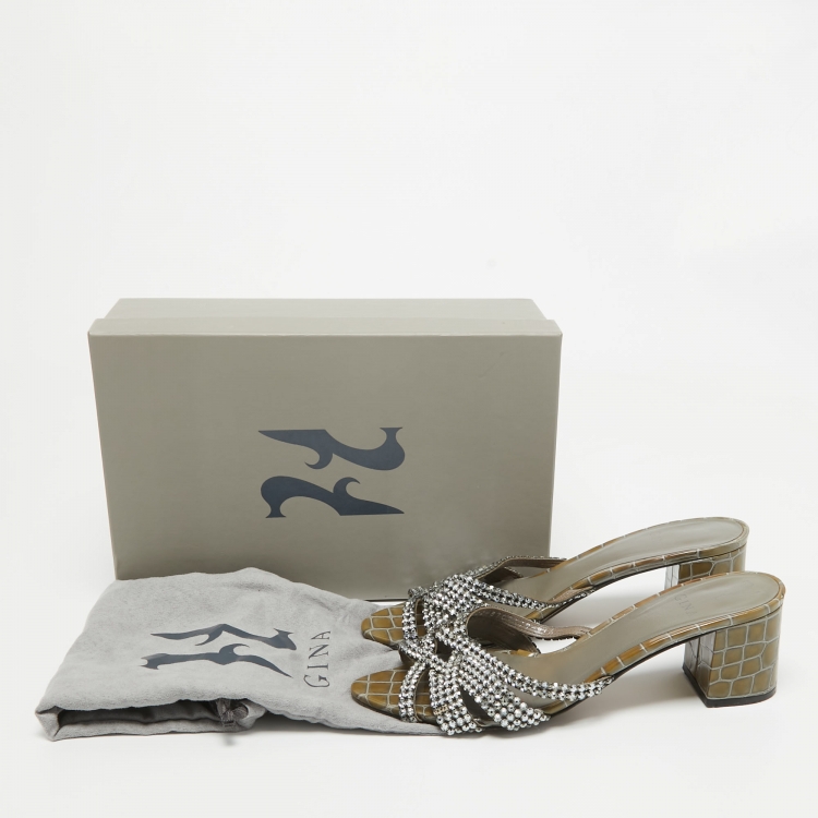 Pre Owned Gina Light Green Croc Embossed Leather Crystal Embellished Slide Sandals Size 41.5