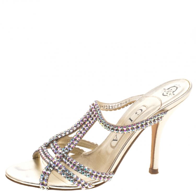 Pre Owned Gina Gold Crystal Embellished Leather Slides Size 37.5