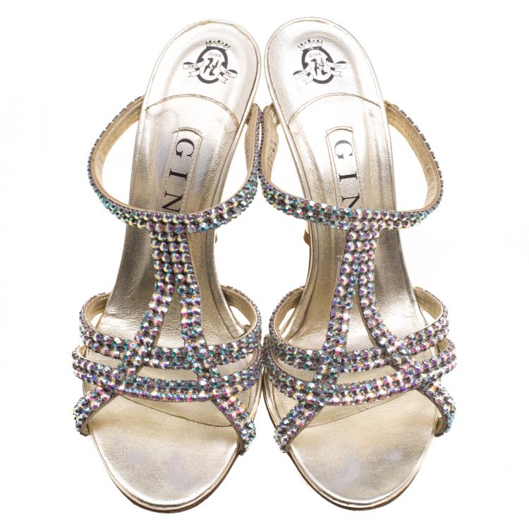 Pre Owned Gina Gold Crystal Embellished Leather Slides Size 37.5