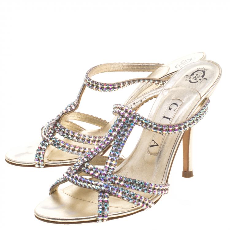 Pre Owned Gina Gold Crystal Embellished Leather Slides Size 37.5