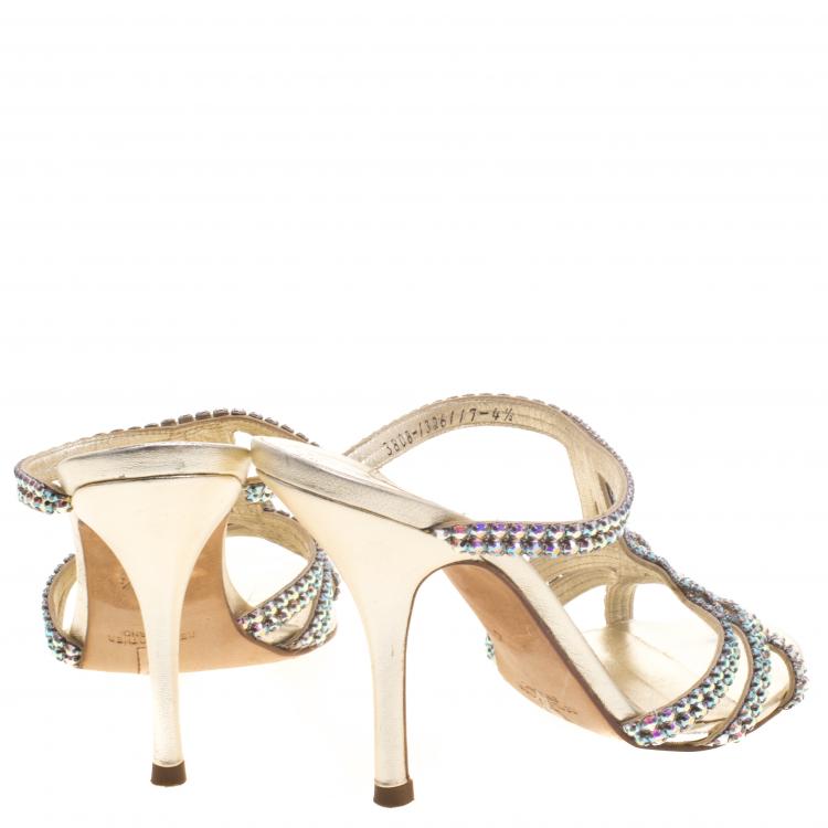 Pre Owned Gina Gold Crystal Embellished Leather Slides Size 37.5