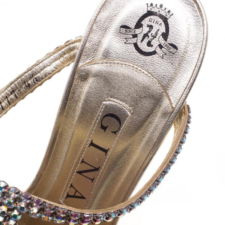 Pre Owned Gina Gold Crystal Embellished Leather Slides Size 37.5