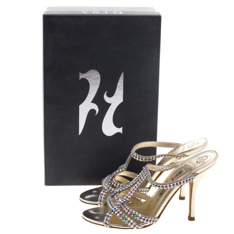 Pre Owned Gina Gold Crystal Embellished Leather Slides Size 37.5