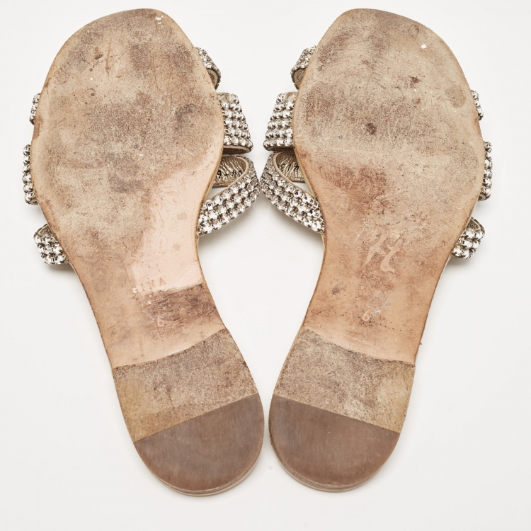Pre Owned Gina Silver Leather Crystal Embellished Flat Slides Size 39