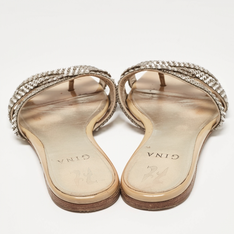 Pre Owned Gina Silver Leather Crystal Embellished Flat Slides Size 39