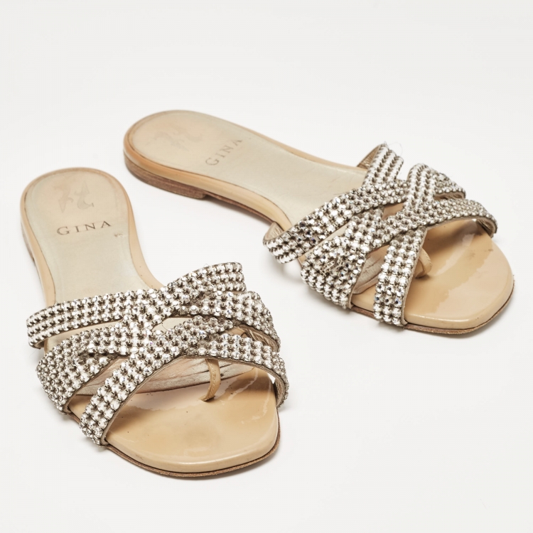 Pre Owned Gina Silver Leather Crystal Embellished Flat Slides Size 39