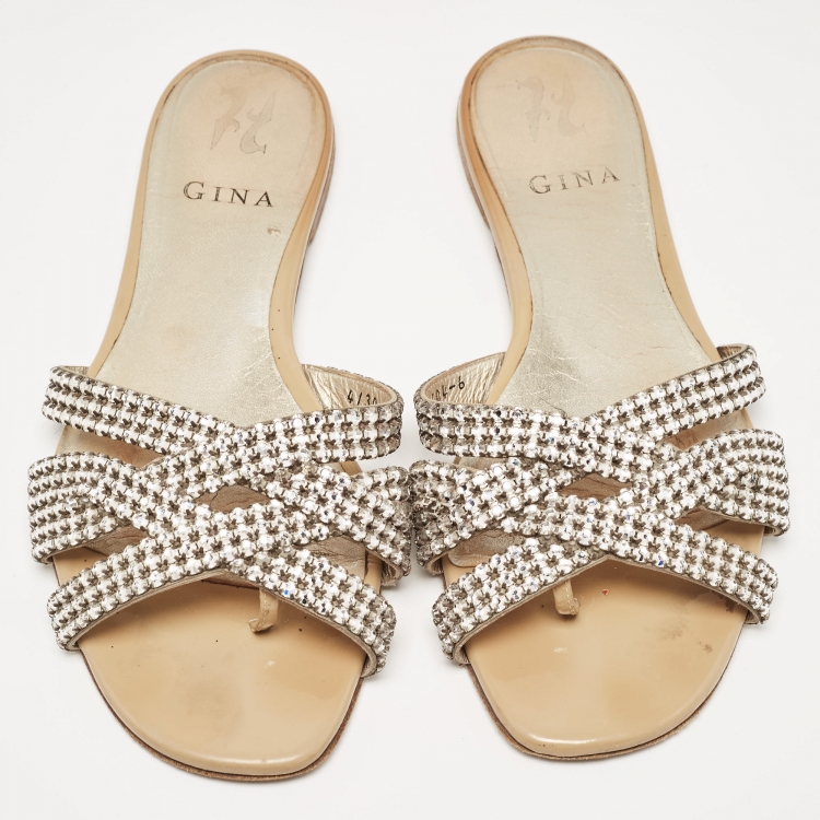 Pre Owned Gina Silver Leather Crystal Embellished Flat Slides Size 39