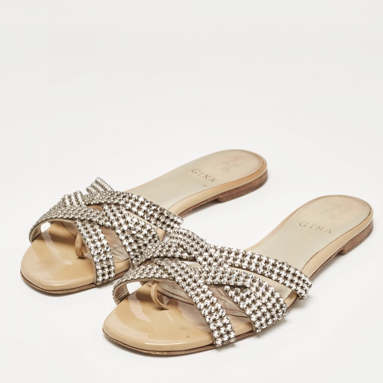 Pre Owned Gina Silver Leather Crystal Embellished Flat Slides Size 39