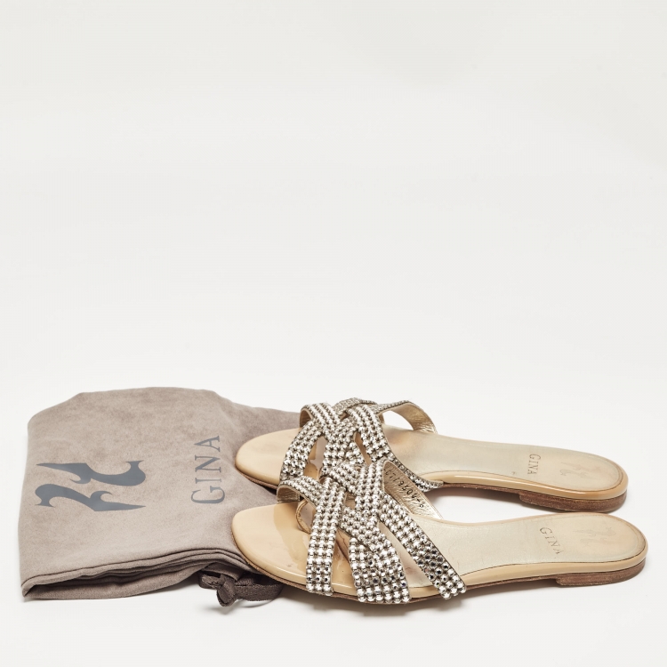 Pre Owned Gina Silver Leather Crystal Embellished Flat Slides Size 39