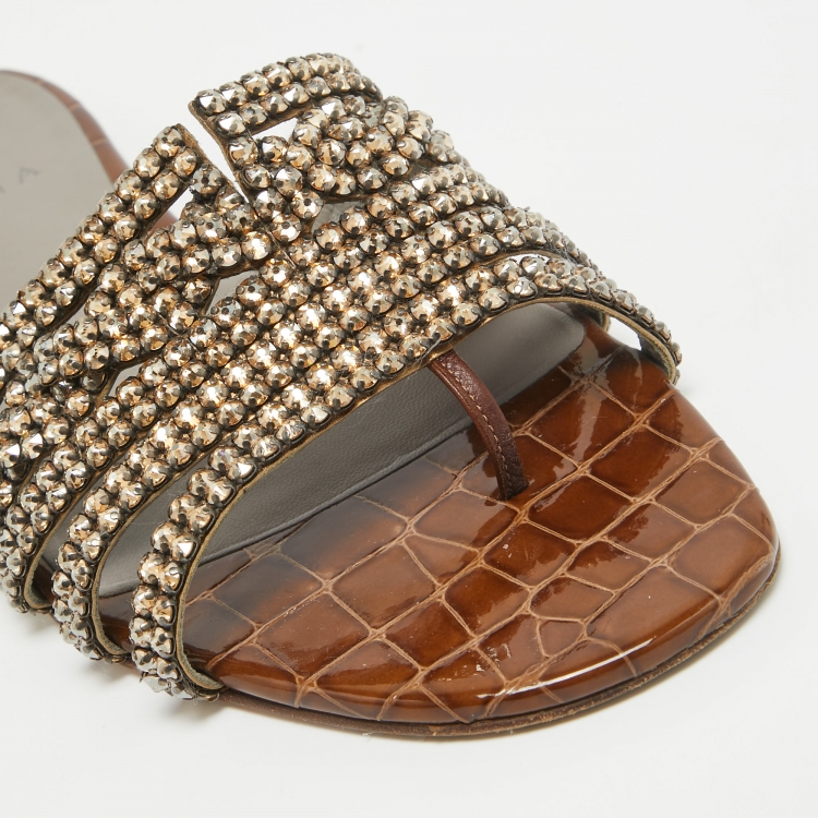 Pre Owned Gina Bronze Leather Crystal Embellished Loren Flat Slides Size 41