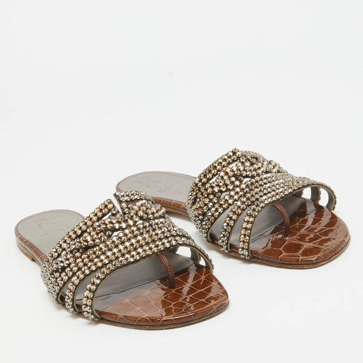 Pre Owned Gina Bronze Leather Crystal Embellished Loren Flat Slides Size 41