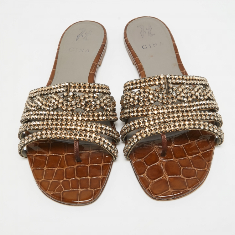 Pre Owned Gina Bronze Leather Crystal Embellished Loren Flat Slides Size 41