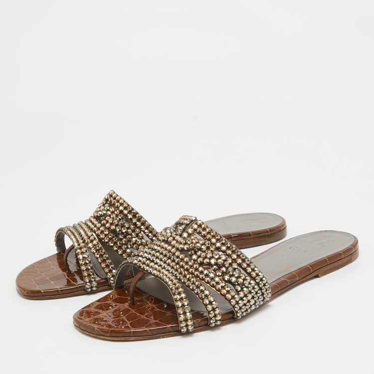 Pre Owned Gina Bronze Leather Crystal Embellished Loren Flat Slides Size 41