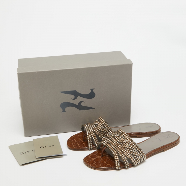 Pre Owned Gina Bronze Leather Crystal Embellished Loren Flat Slides Size 41