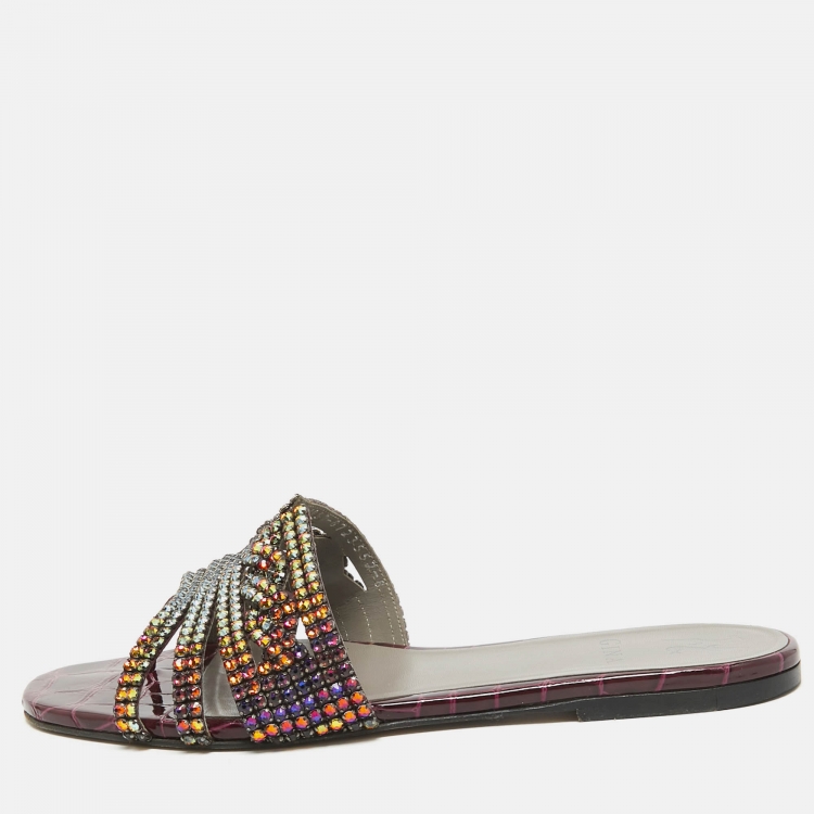 مملوكة مسبقًا Gina Multicolor Croc Embossed Crystal Embellished Flat Slides Size 41