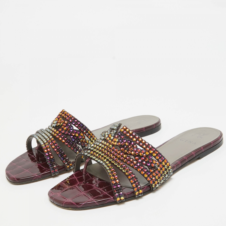 مملوكة مسبقًا Gina Multicolor Croc Embossed Crystal Embellished Flat Slides Size 41