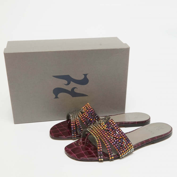 مملوكة مسبقًا Gina Multicolor Croc Embossed Crystal Embellished Flat Slides Size 41