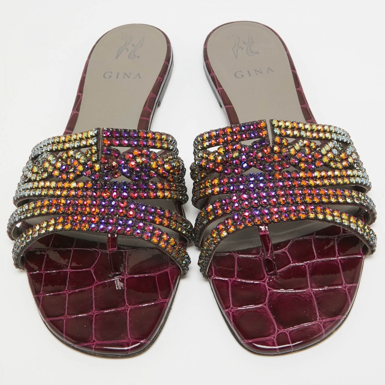 مملوكة مسبقًا Gina Multicolor Croc Embossed Crystal Embellished Flat Slides Size 41