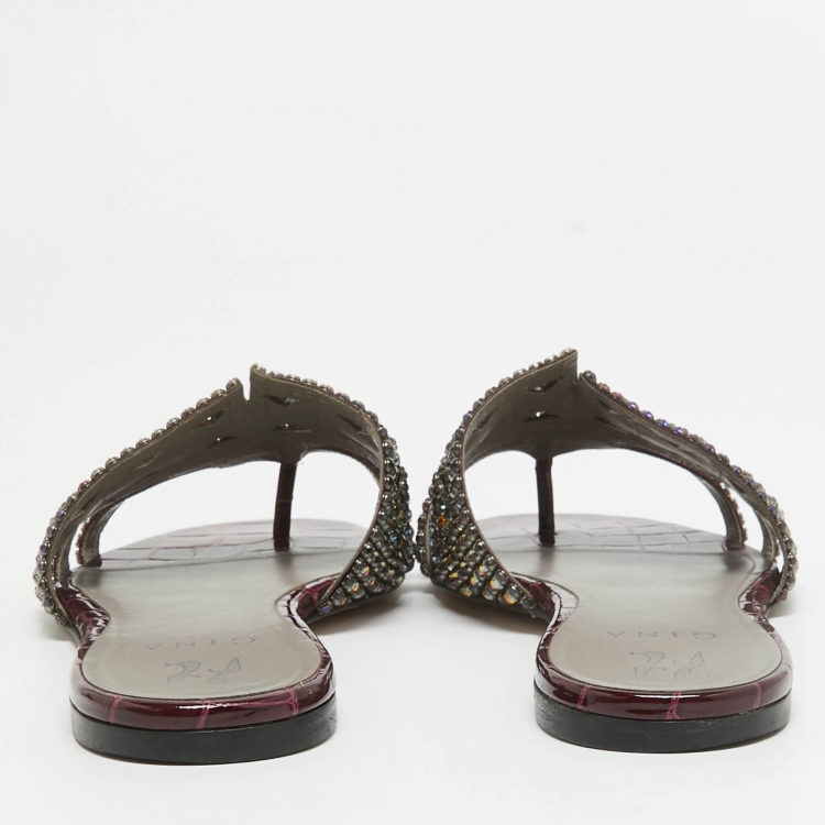 مملوكة مسبقًا Gina Multicolor Croc Embossed Crystal Embellished Flat Slides Size 41