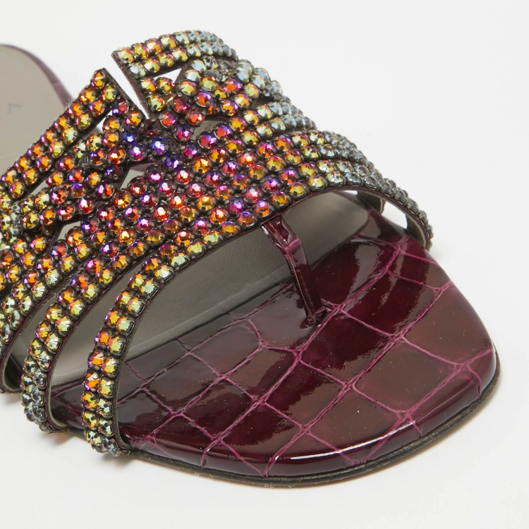 مملوكة مسبقًا Gina Multicolor Croc Embossed Crystal Embellished Flat Slides Size 41