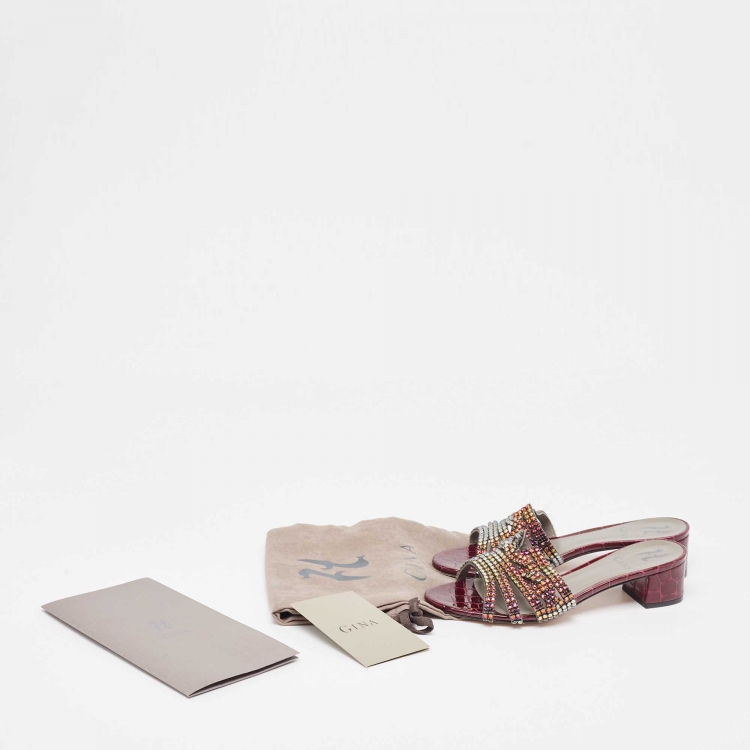 Pre Owned Gina Two Tone Crystal Embellished Leather Rodeo Slide Sandals Size 38