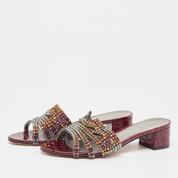 Pre Owned Gina Two Tone Crystal Embellished Leather Rodeo Slide Sandals Size 38