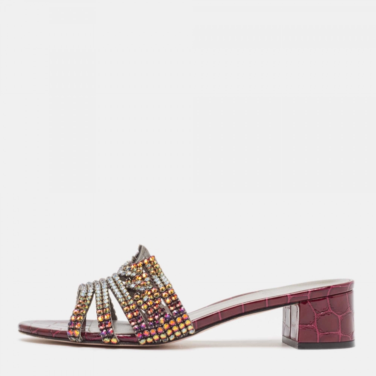 Pre Owned Gina Two Tone Crystal Embellished Leather Rodeo Slide Sandals Size 38