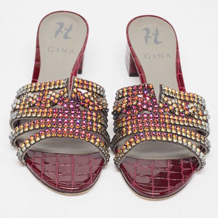 Pre Owned Gina Two Tone Crystal Embellished Leather Rodeo Slide Sandals Size 38