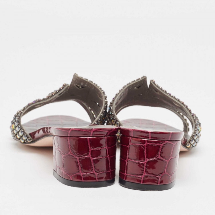 Pre Owned Gina Two Tone Crystal Embellished Leather Rodeo Slide Sandals Size 38