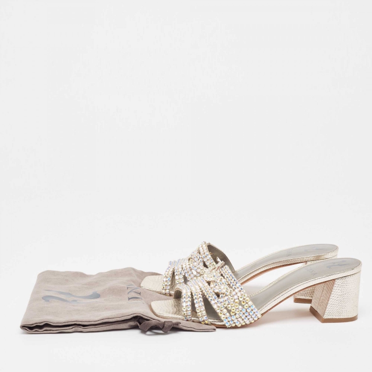 Pre Owned Gina Silver Crystal Embellished Leather Slide Sandals Size 38