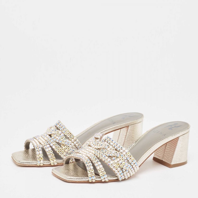 Pre Owned Gina Silver Crystal Embellished Leather Slide Sandals Size 38