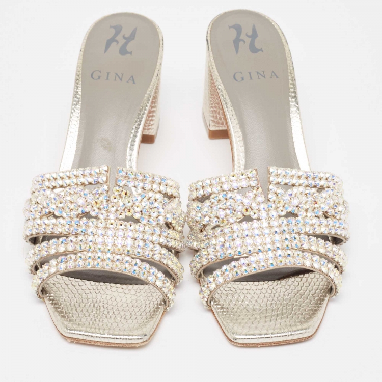 Pre Owned Gina Silver Crystal Embellished Leather Slide Sandals Size 38