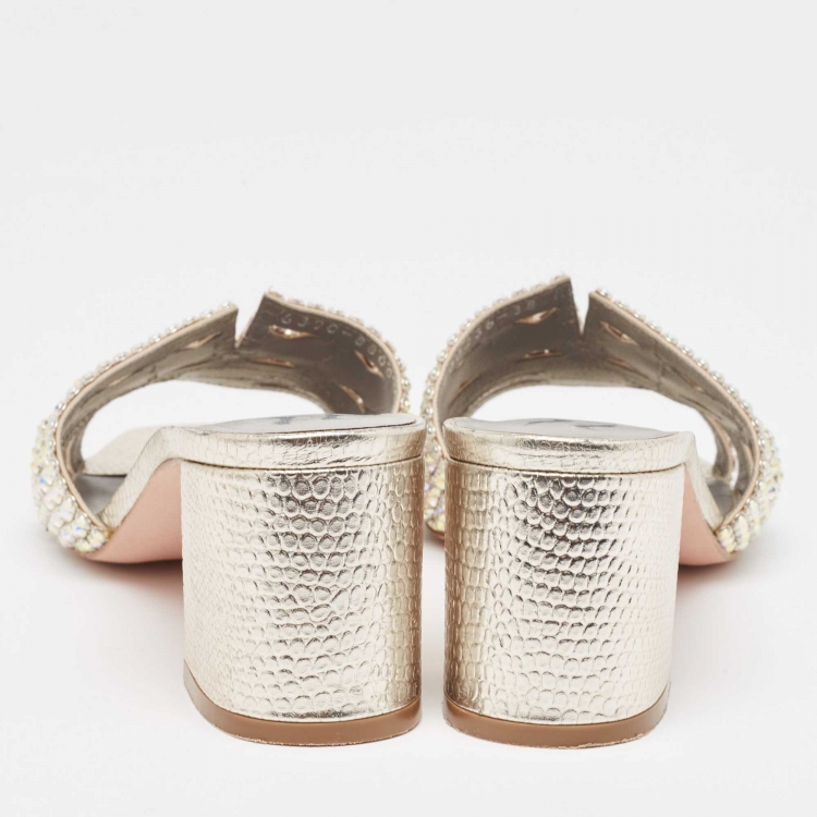 Pre Owned Gina Silver Crystal Embellished Leather Slide Sandals Size 38