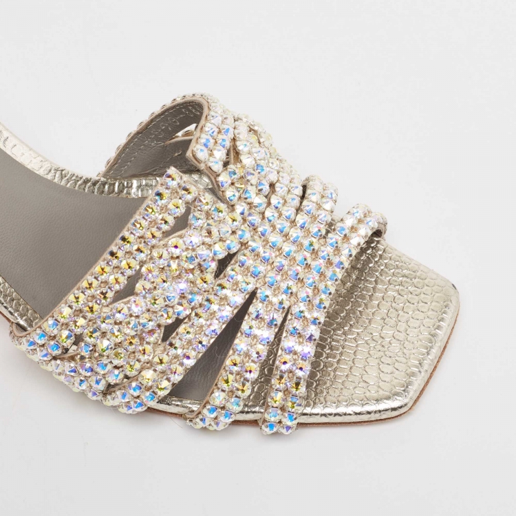 Pre Owned Gina Silver Crystal Embellished Leather Slide Sandals Size 38