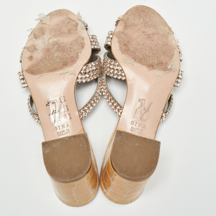 Pre Owned Gina Beige Croc Embossed Patent Rodeo Crystal Embellished Slides Size 37.5