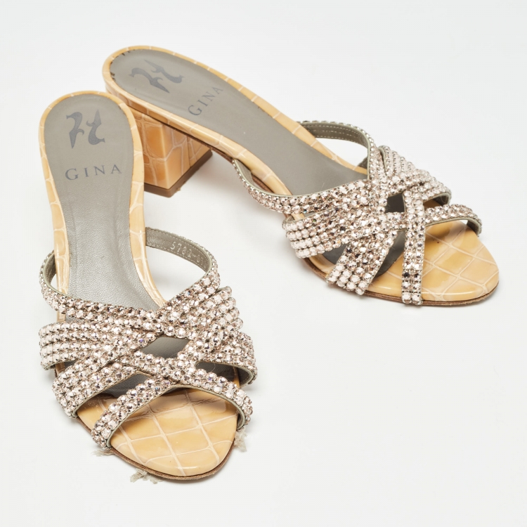 Pre Owned Gina Beige Croc Embossed Patent Rodeo Crystal Embellished Slides Size 37.5