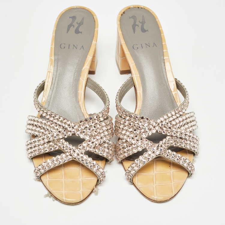 Pre Owned Gina Beige Croc Embossed Patent Rodeo Crystal Embellished Slides Size 37.5